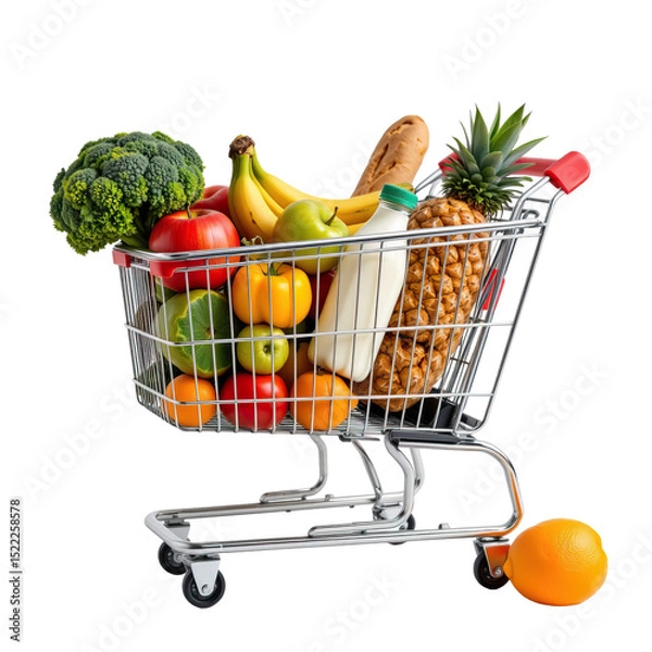 Fototapeta Fresh and Colorful Grocery Cart Filled with Fruits and Vegetables Over a White Background