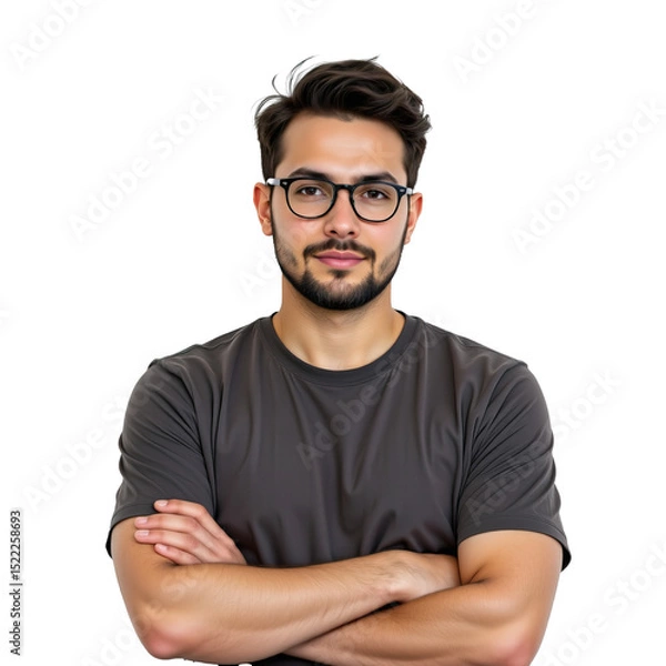 Fototapeta Young man with glasses crossing arms, posing confidently in casual attire on a solid background