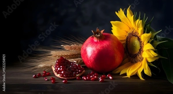 Obraz still life o natura morta con melograno, girasole e spighe di grano: simbolo di fortuna abbondanza e benessere
