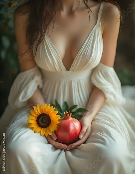 Obraz Fortuna e Benessere: giovane donna con melograno, e girasole: simbolo di fortuna abbondanza e benessere