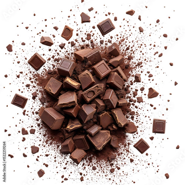 Fototapeta Aerial view of a pile of chocolate squares and cocoa powder on a black background