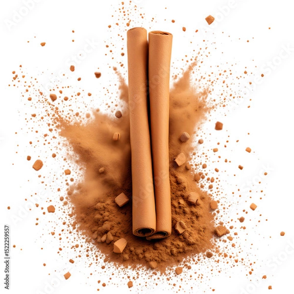 Fototapeta Two cinnamon sticks centered on a bed of cinnamon powder against a black background