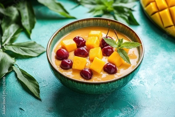Obraz Mango and cherry smoothie in a bowl.