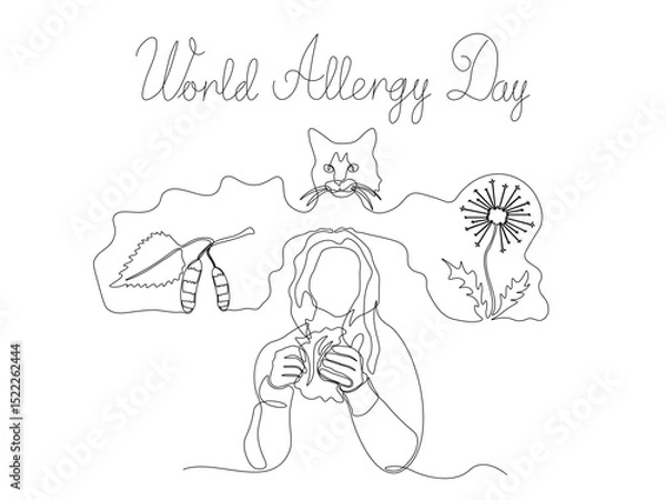 Fototapeta World Allergy Day. Abstract girl,woman with a handkerchief in her hands and different allergens, continuous single line art hand drawing sketch logo