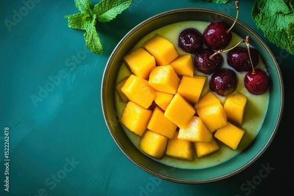Obraz Mango and cherry dessert in a bowl.
