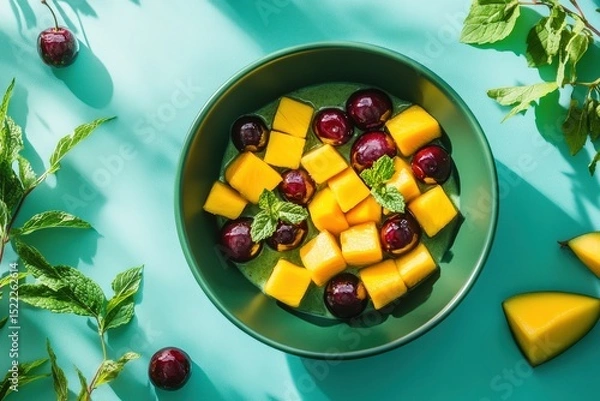 Obraz A bowl of diced mango and cherries with fresh mint.