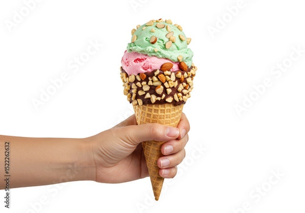 Fototapeta Isolated Hand Holding Ice Cream Cone with Pink Green Scoops Nuts