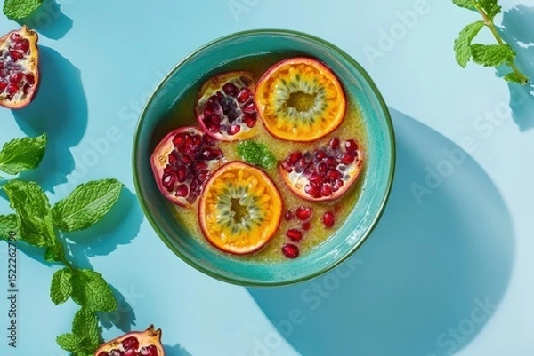 Obraz Vibrant fruit and smoothie bowl with passion fruit and pomegranate.
