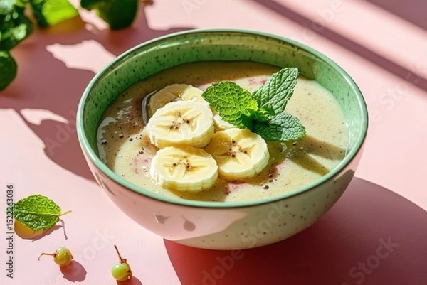 Obraz Smoothies with banana slices and mint leaves in a bowl.