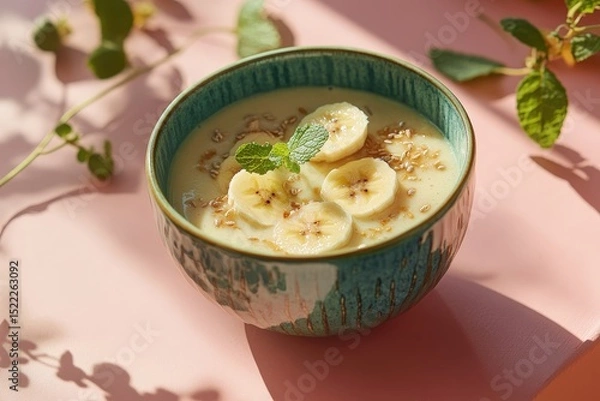 Obraz Banana smoothie bowl with mint garnish.