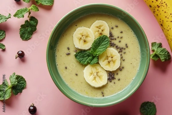Obraz Banana smoothie topped with mint leaves and chia seeds in a green bowl.
