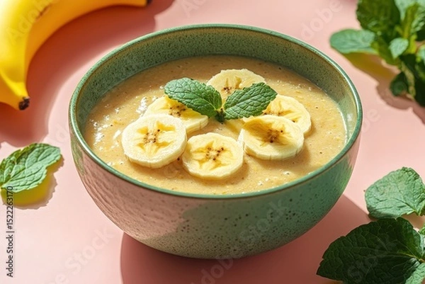 Obraz Creamy banana smoothie in a green bowl.