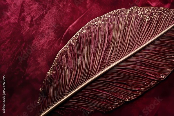Obraz Detailed view of a metallic leaf design on a burgundy background.