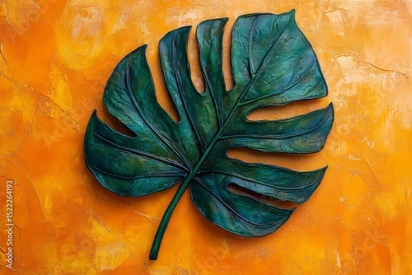 Obraz Deep teal monstera leaf on an orange textured background.