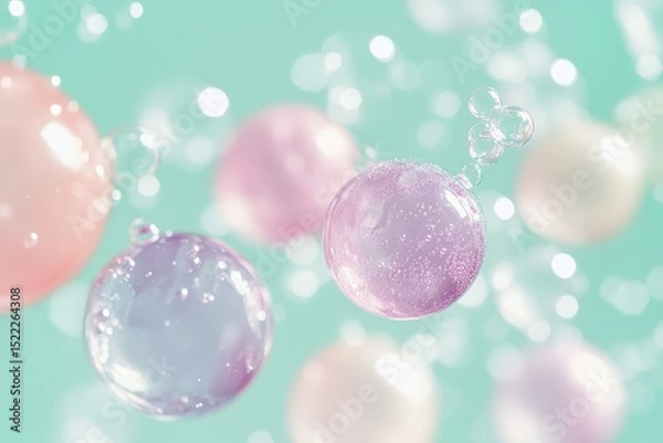 Obraz Delicate, multicolored bubbles float in a soft mint-green background.