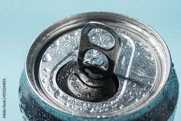 Fototapeta Open aluminum can with foam close up. Cold refreshing drink