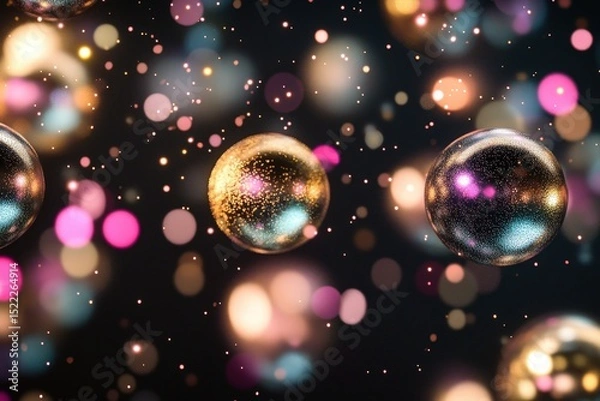 Fototapeta Multicolored spheres with glittering particles in a dark background.