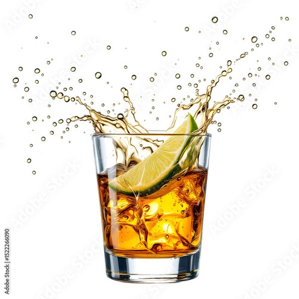 Fototapeta A glass of whiskey with ice and a lime wedge creating a splash on a black background