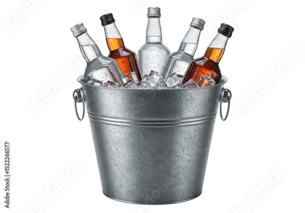 Fototapeta Isolated Image Of A Silver Bucket Filled With Beer Bottles On Ice