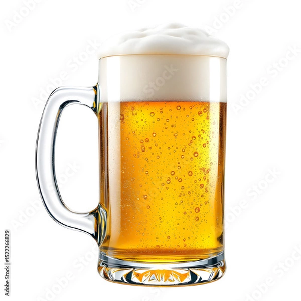 Fototapeta A close up of a glass beer mug filled with frothy beer on a black background shot