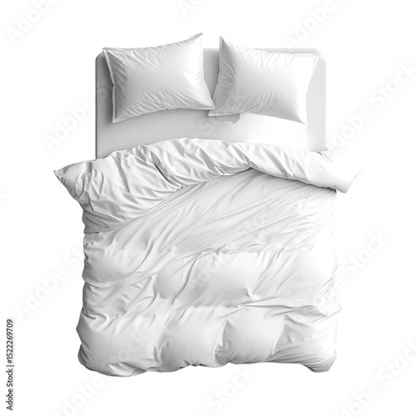 Obraz A cozy, unmade bed with soft white linens and fluffy pillows, invites relaxation and restful sleep.