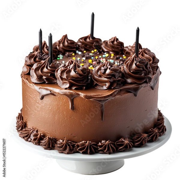 Obraz A delicious chocolate cake stands on a simple cake stand, adorned with decorative chocolate frosting swirls and several black candles, it is perfect for birthday celebration.