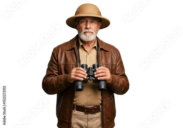 Fototapeta Isolated Portrait Senior Man with Binoculars in Safari Hat on Transparent