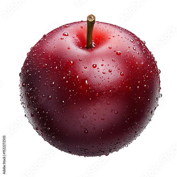 Obraz A perfectly round, ripe plum glistens with fresh droplets, showcasing its vibrant color and smooth skin.