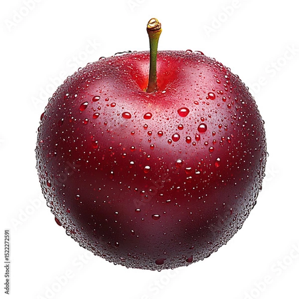 Obraz A single, ripe plum, glistening with water droplets, sits against a white background. Its deep red color and smooth skin are highlighted by the light reflecting off the moisture.