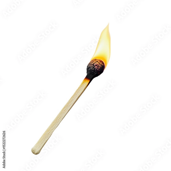 Fototapeta A lit matchstick with a bright flame dances in the air, its small size belying the power it holds, an isolated icon of creation.
