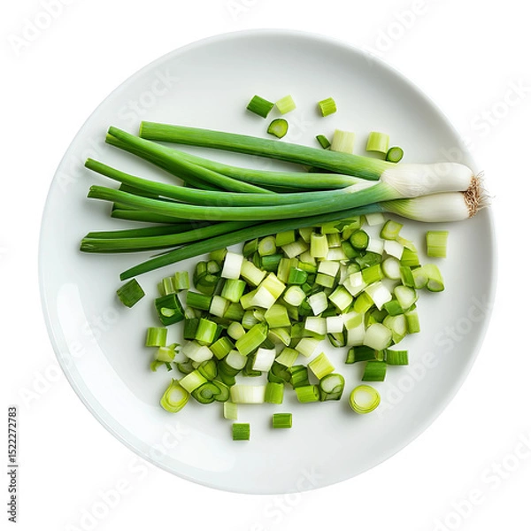 Obraz Fresh, vibrant scallions are elegantly displayed on a clean, round plate, offering a captivating visual representation of culinary preparation, showcasing the natural beauty of the produce.