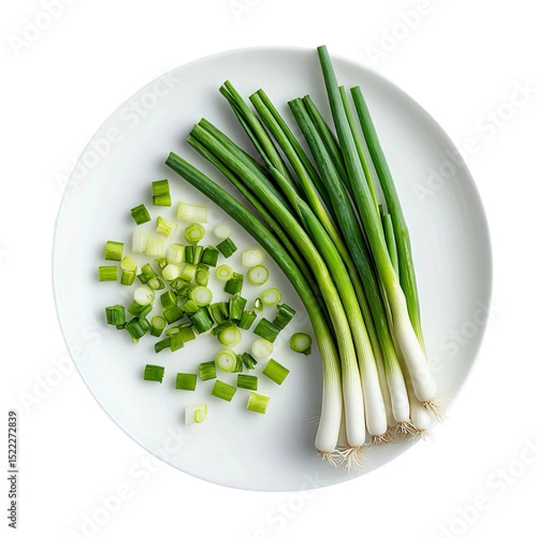 Obraz Fresh green onions, finely chopped and whole, arranged on a simple white plate, ready for culinary use.