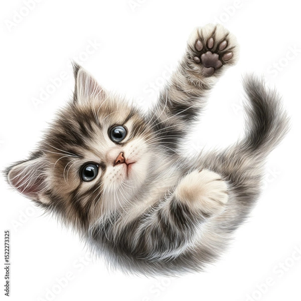 Obraz A curious kitten raises a paw in playful motion. A captivating image of an adorable cat in a whimsical moment, captured with charm and detail.