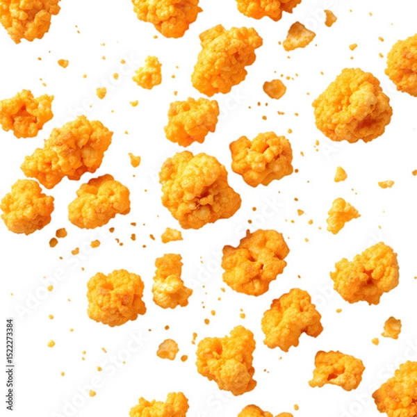 Fototapeta A scattered array of golden popcorn chicken pieces against a stark black background