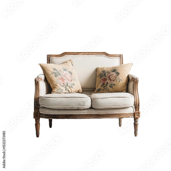 Obraz An elegant vintage loveseat with embroidered floral cushions offers a glimpse of comfortable living. Its classic design and intricate details exude timeless charm and understated luxury.