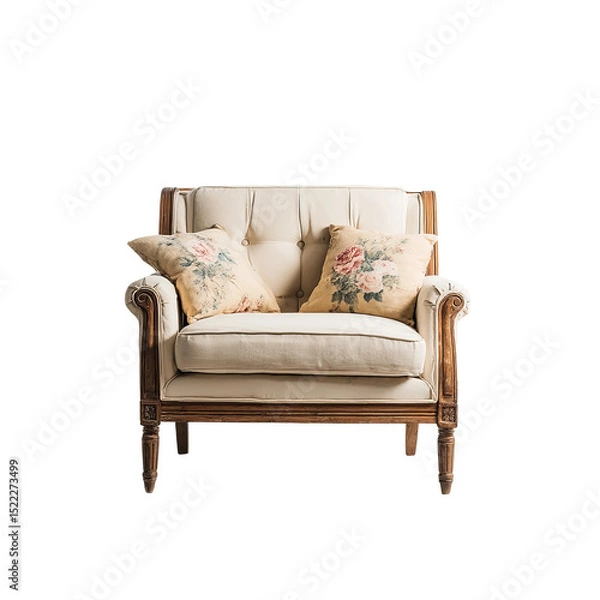 Obraz Elegant armchair, adorned with decorative pillows, exudes vintage charm and timeless appeal. An inviting space for relaxation and repose, showcasing a blend of comfort and classic design.