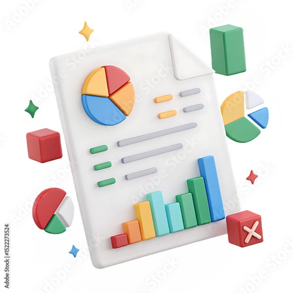 Obraz Colorful 3d render of business charts and data on a white paper concept