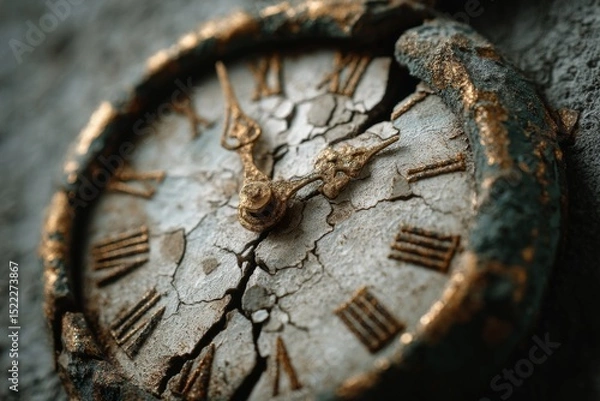 Fototapeta Close-up image of aged, crumbling clock with golden hands and numerals, showing deteriorated surface and passing hours