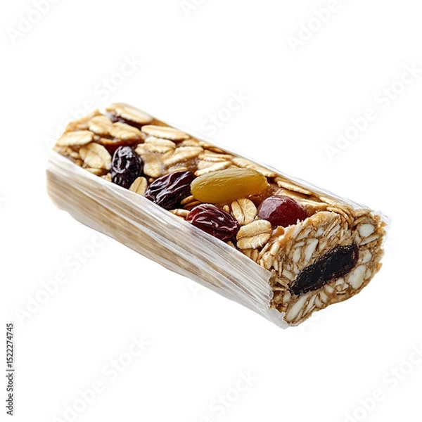 Obraz A single nutritious granola bar, bursting with wholesome ingredients such as oats, dried fruits, and nuts, offers a tempting and health-conscious snack option.