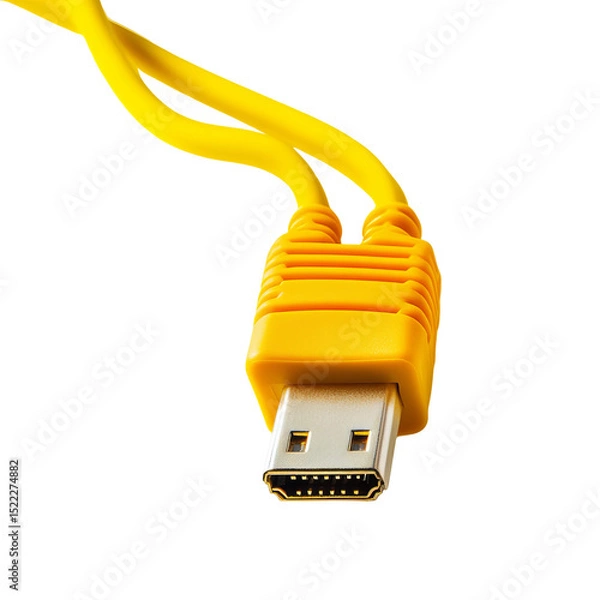 Obraz An up-close view of a vibrant yellow HDMI cable, illustrating technology and connectivity with its sleek design and meticulous detail.