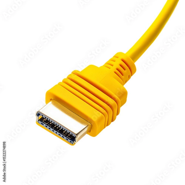 Obraz A close-up studio shot of a yellow HDMI cable, showcasing its connector against a stark background. Focus on sharp details and vibrant color.