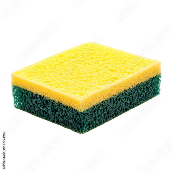 Obraz A vibrant, close-up shot captures a brand new sponge, showcasing its dual textures. The porous yellow scrubbing surface is perfectly paired with a dark green non-scratchy side.