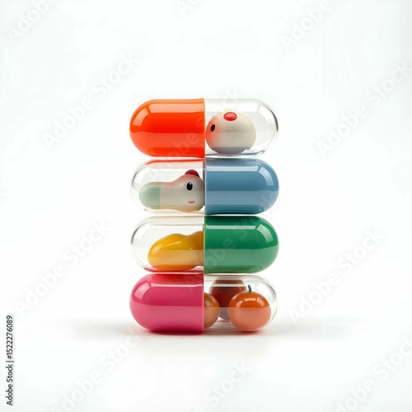Obraz A stack of collectible toy capsules with clear lids revealing mystery items inside.