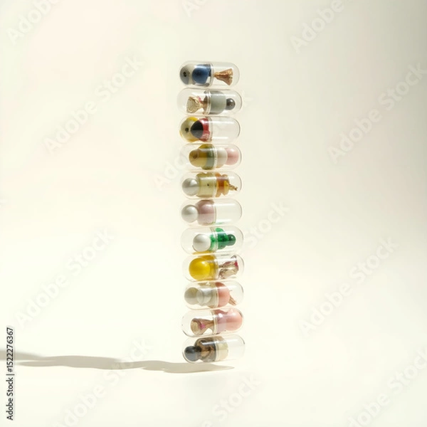 Obraz A stack of collectible toy capsules with clear lids revealing mystery items inside.