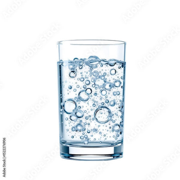 Fototapeta A clear glass filled with sparkling water and many bubbles on a black background