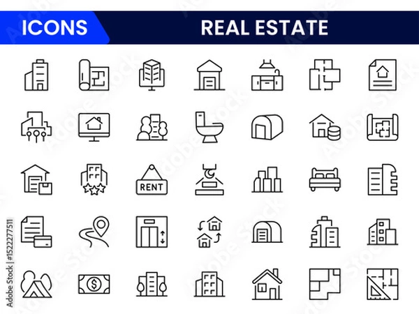 Fototapeta Modern vector web line icons showcasing real estate, properties, housing, mortgages, and architectural elements for home and investment.