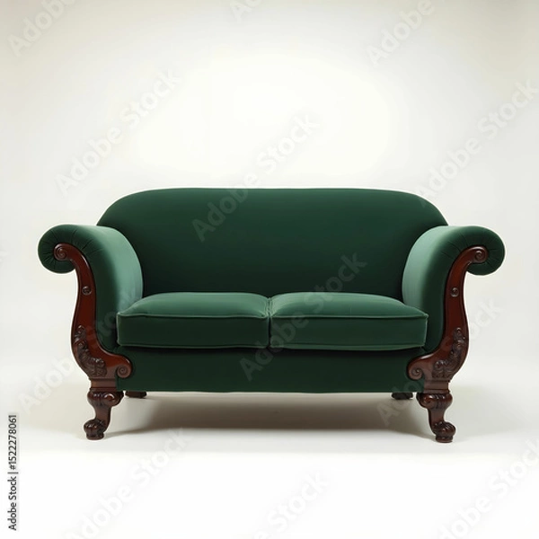 Obraz A traditional dark green 2-seater sofa with rolled arms and wooden legs.