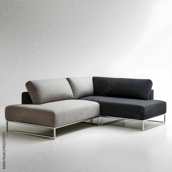 Obraz A two-tone L-shaped couch with textured fabric and a built-in side table.