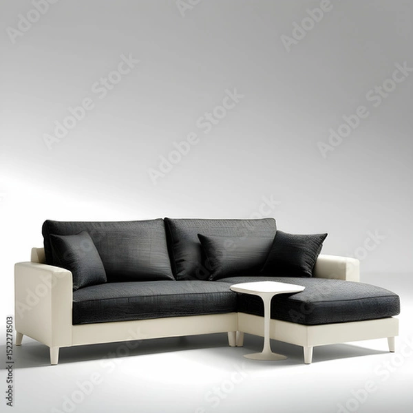 Fototapeta A two-tone L-shaped couch with textured fabric and a built-in side table.