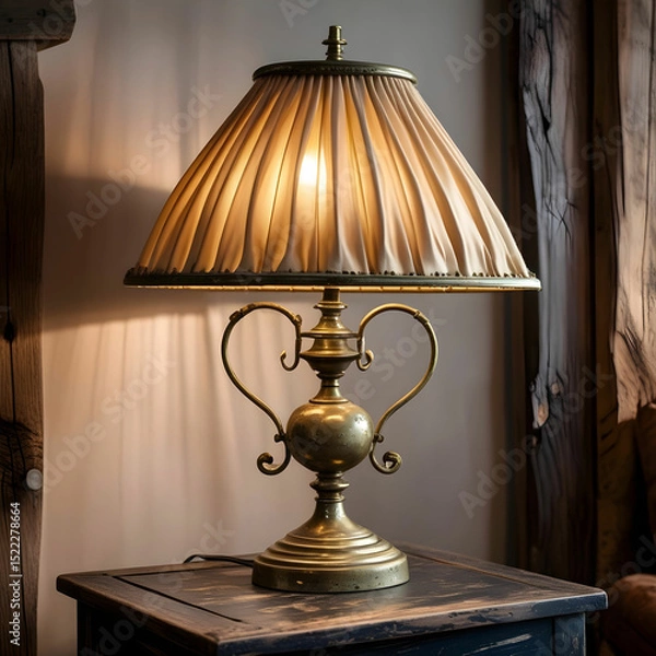 Obraz A vintage brass table lamp with a fabric shade, casting warm light.
